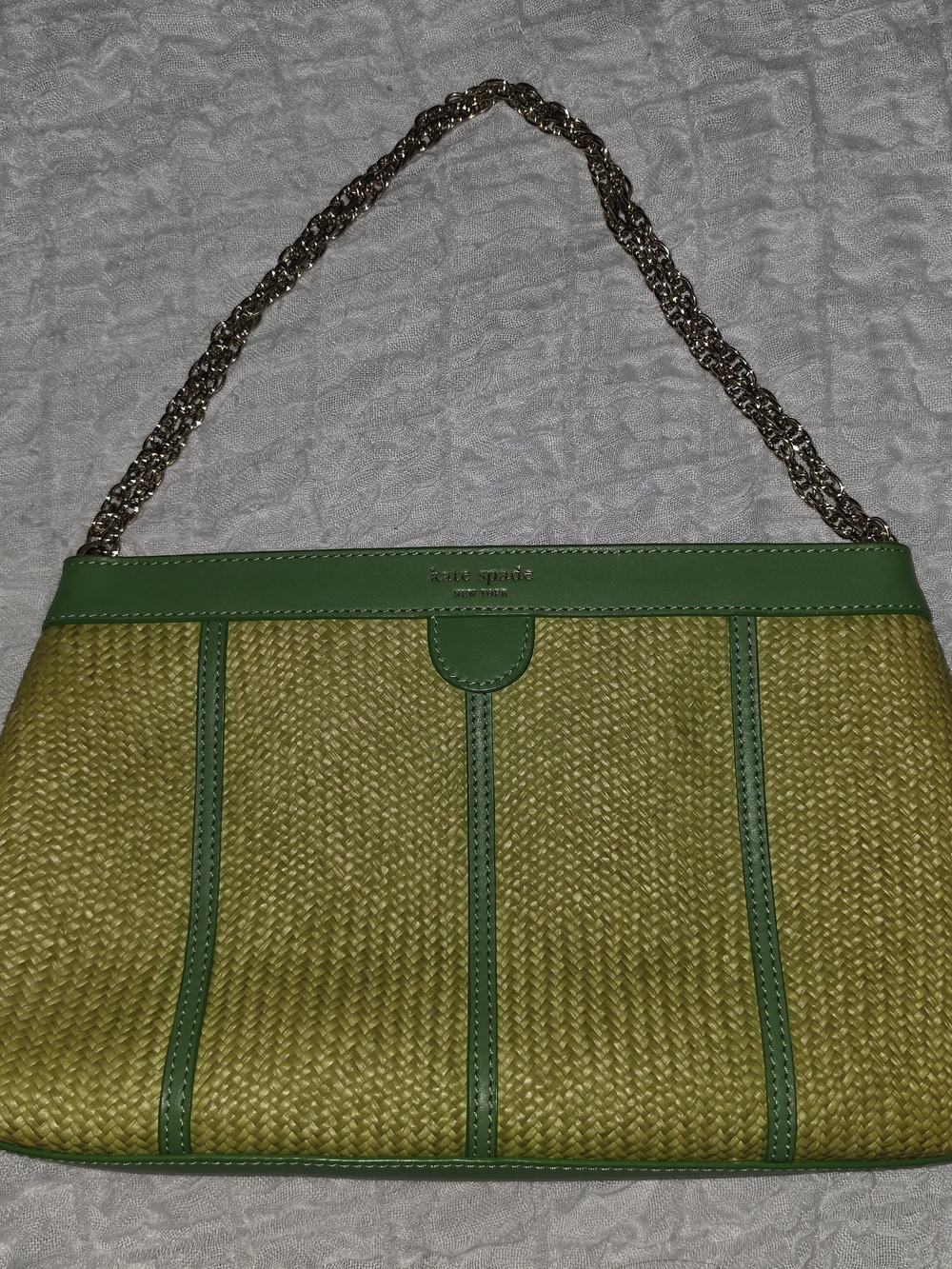 Kate Spade New York Woven Straw Shoulder Bag with Green Leather Trim